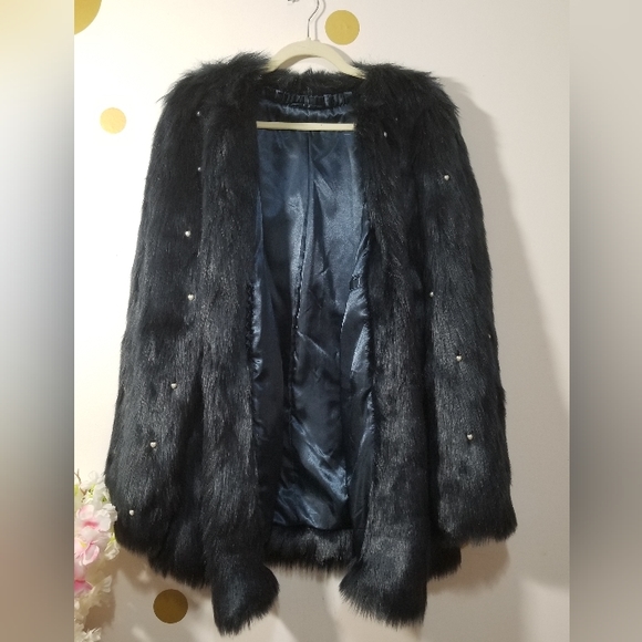 L'Eclipse Navy Blue Vegan Faux FUR Pearl Design Fashion Coat L/XL NEW - Picture 5 of 5